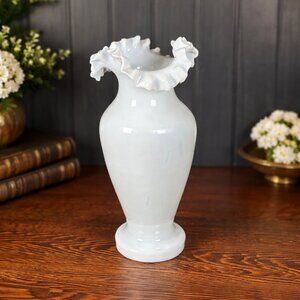 Antique Victorian Opaline White Glass Vase Delicate Hand Blown with Ruffled Rim
